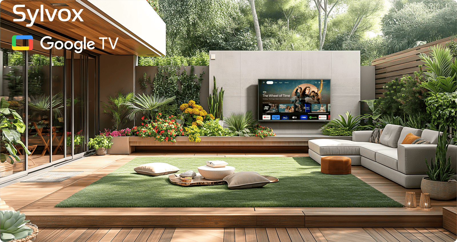 عائلة تستمتع بالاسترخاء في فناء مشمس مع تلفزيون Sylvox Deck Pro QLED 3.0 الخارجي