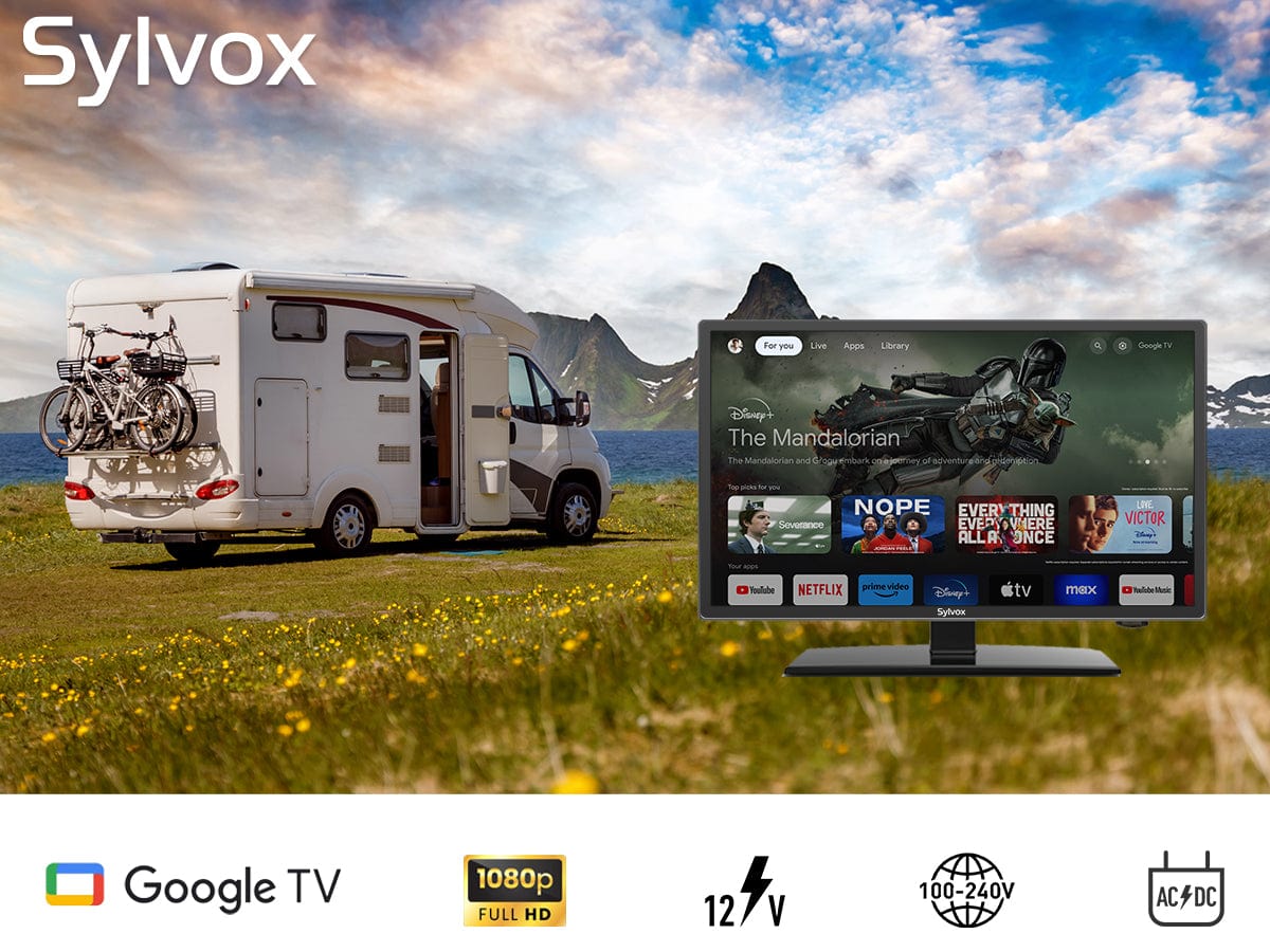 تلفزيون Sylvox الذكي للمركبات الترفيهية في مخيم مع نظام Google TV وطاقة 12 فولت