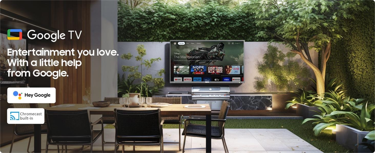 منطقة مطبخ خارجي مزودة بتلفزيون Sylvox Deck Pro QLED 3.0 مع نظام Google TV