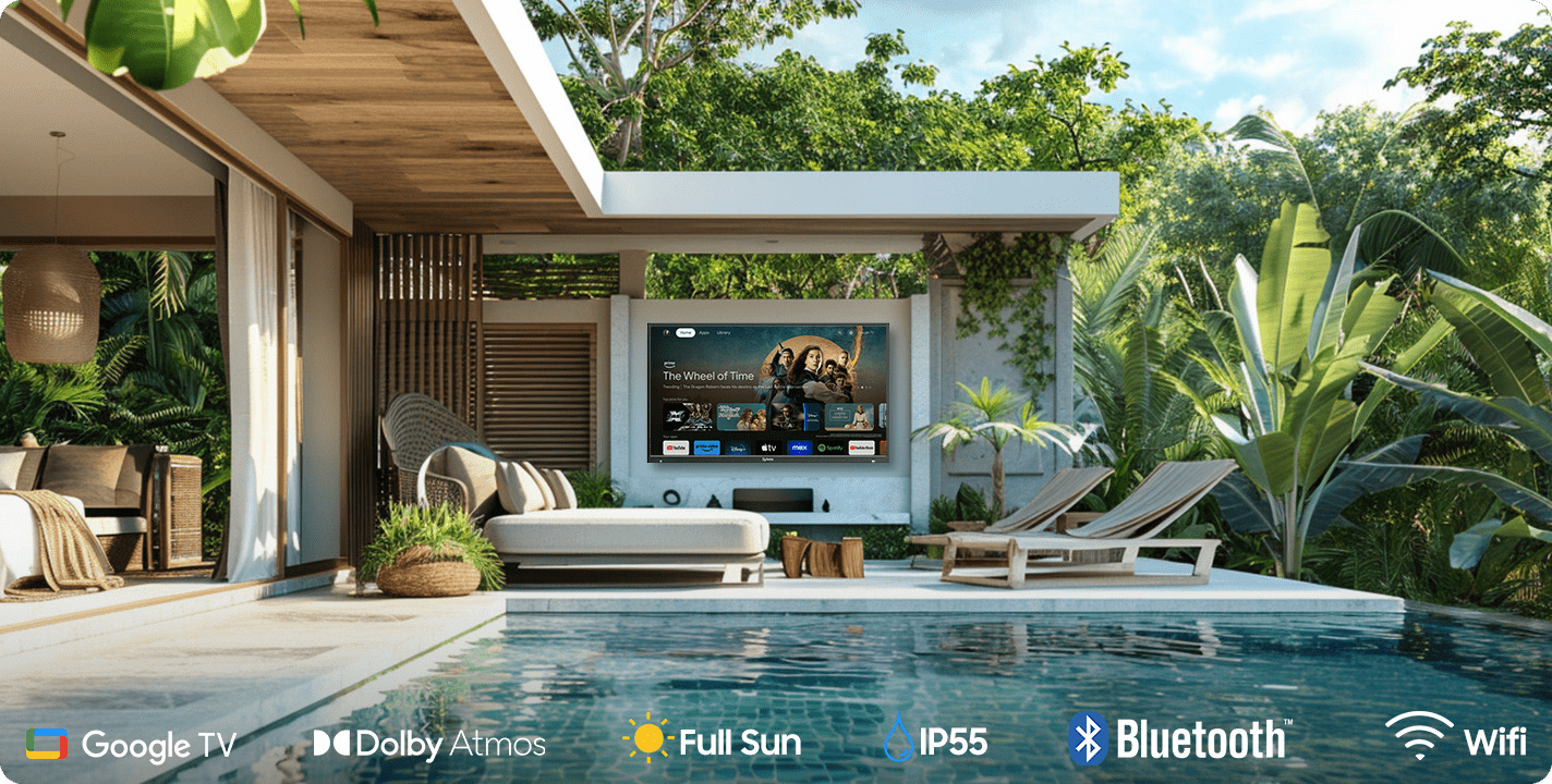 تلفزيون Sylvox Deck Pro QLED 3.0 الخارجي مقاوم للماء IP56 مثبت بجانب المسبح