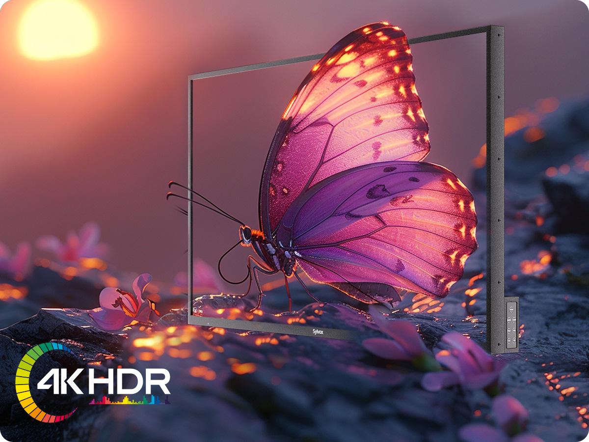 فراشة ملونة تظهر بدقة 4K HDR فائقة الوضوح على شاشة Sylvox Deck Pro QLED 3.0