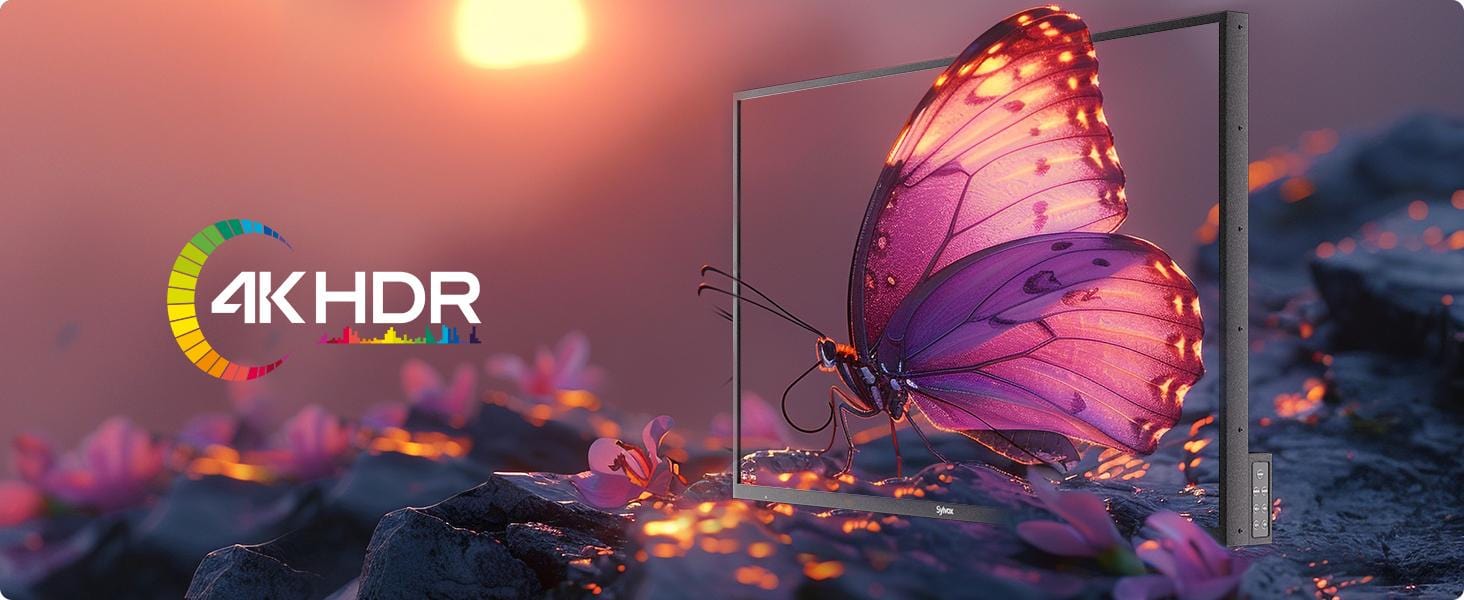 فراشة ملونة تظهر بدقة 4K HDR فائقة الوضوح على شاشة Sylvox Deck Pro QLED 3.0