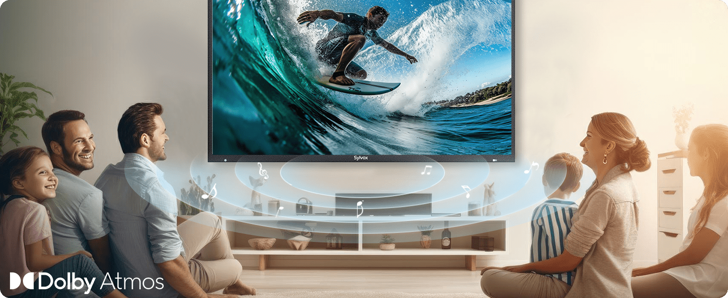 عائلة تستمتع بتجربة صوتية محيطة وغامرة عبر Dolby Atmos على تلفزيون Sylvox